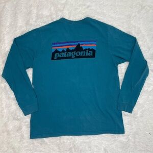 Patagonia Men’s Size L Large Long Sleeve Organic Cotton Shirt Teal Blue Logo Tee